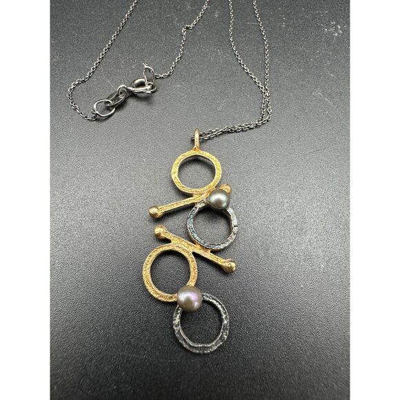 Unusual Sterling Metal and Black Pearl Necklace - Picture 1 of 9